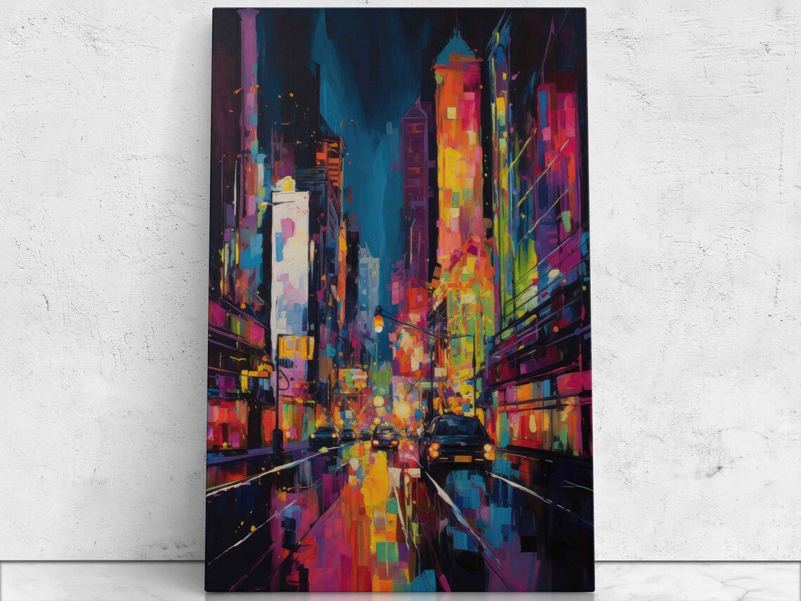 Rainy Neon City Street Avenue Night Glow Urban Painting Poster