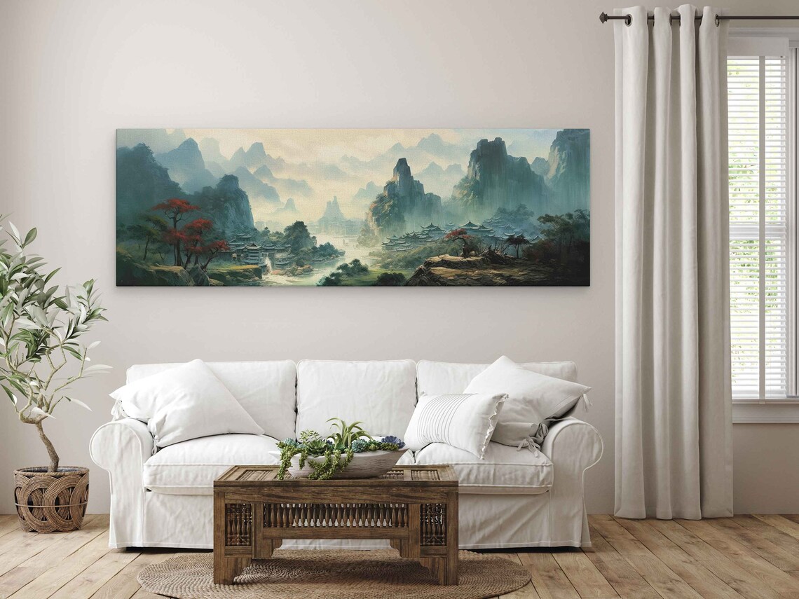 Japanese Village Oil Painting, Foggy Skies Art Print - Image 4