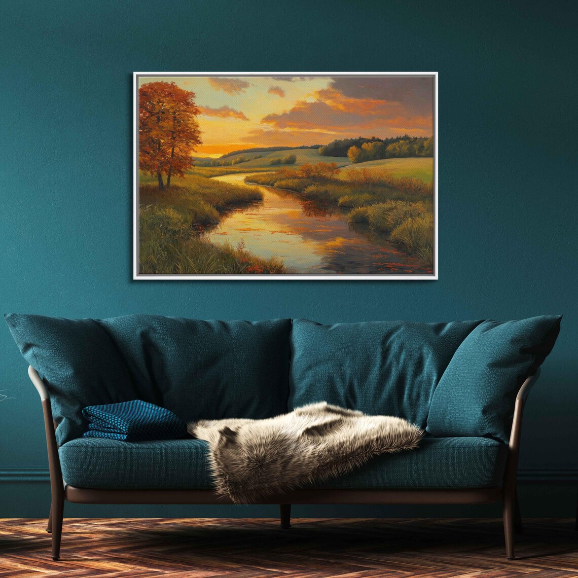 Serene Countryside Landscape, Autumn Foliage Stream Sunset