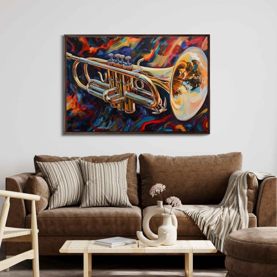 Close Up Trumpet Wall Art Print Bold Acrylic Painting Shiny Brass Abstract Sound Waves