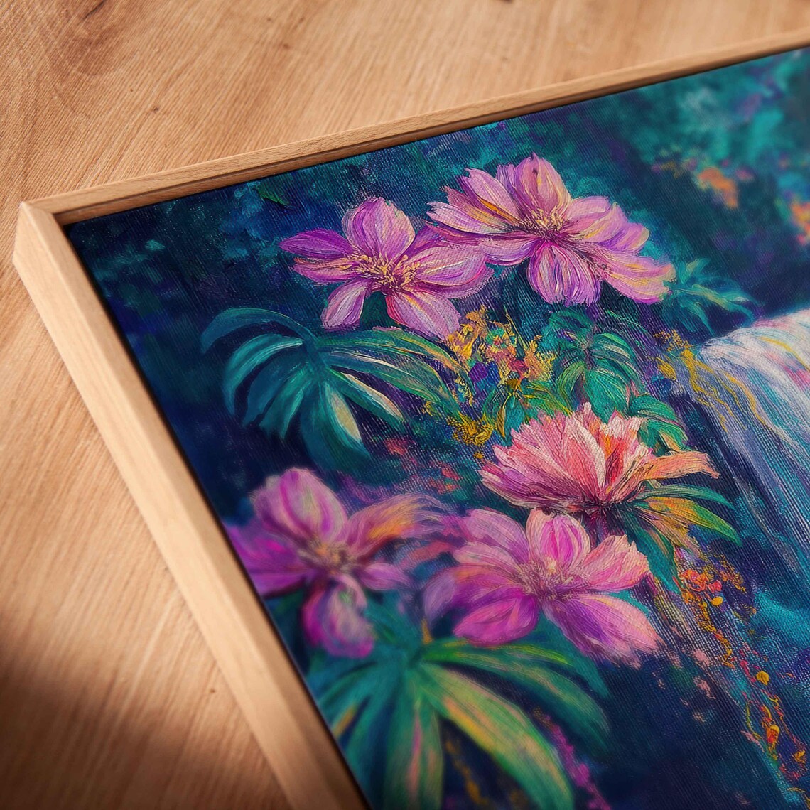 Exotic Neon Flowers Cascading Down Waterfall Art Print - Image 2