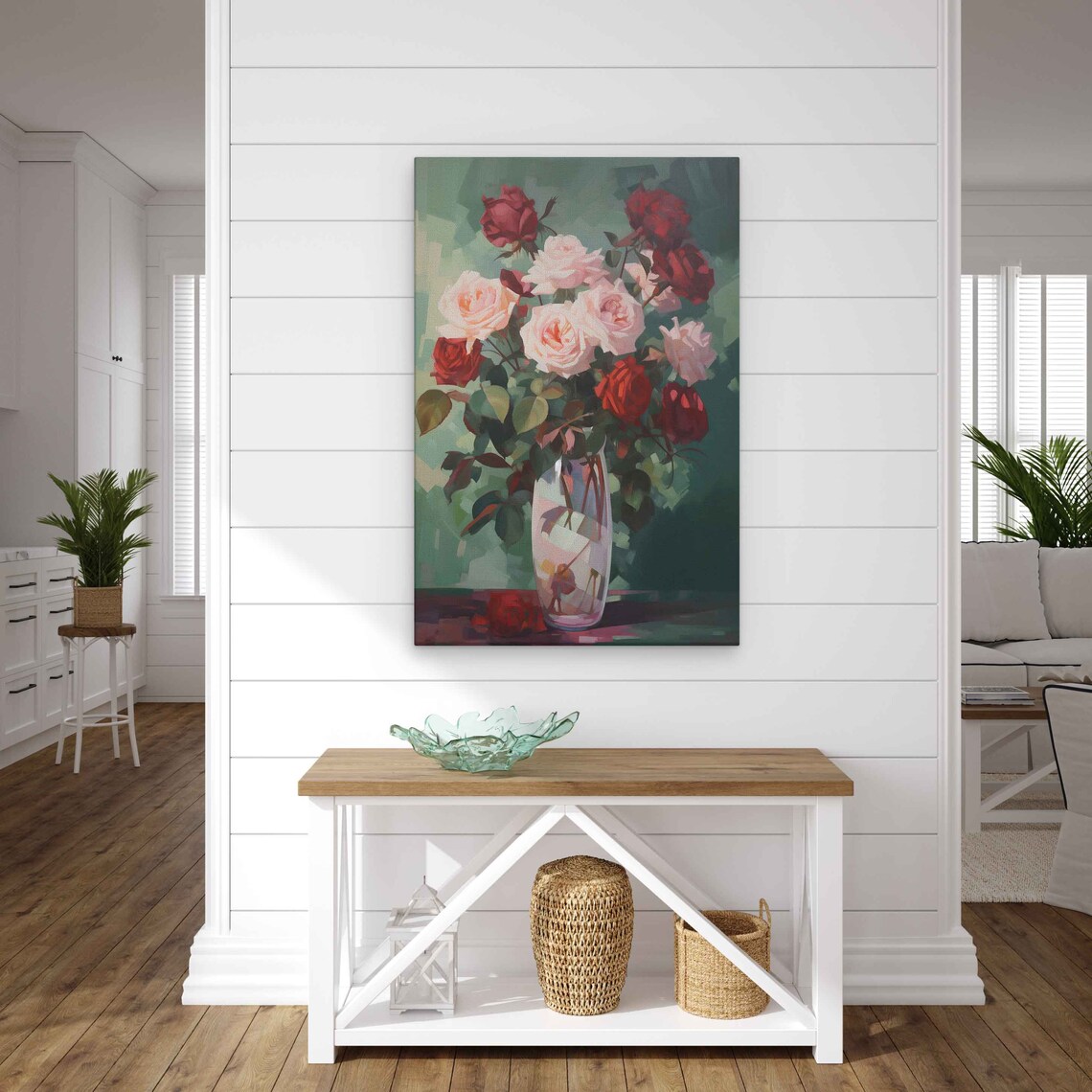 Blush And Red Roses In Glass Vase Impressionist Oil Painting Print - Image 2