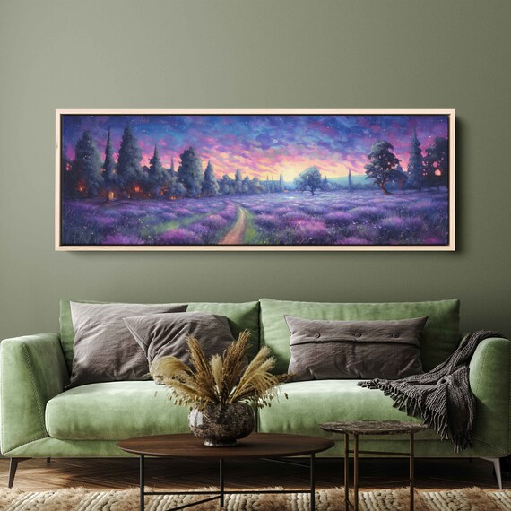 Lavender Field Sunset Dusk Panoramic Meadow Path Impressionist Art Poster