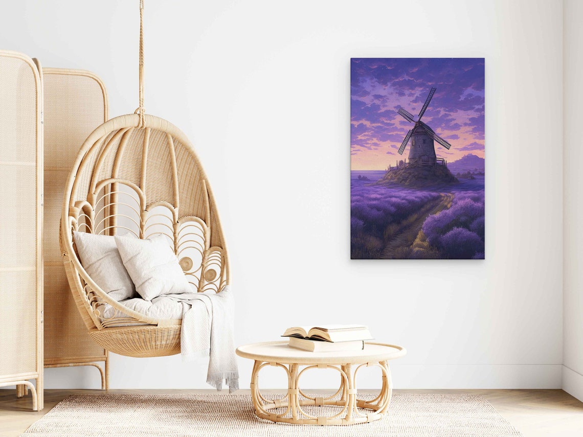 Lavender Field Windmill Twilight Impressionist Oil Painting Poster - Image 3