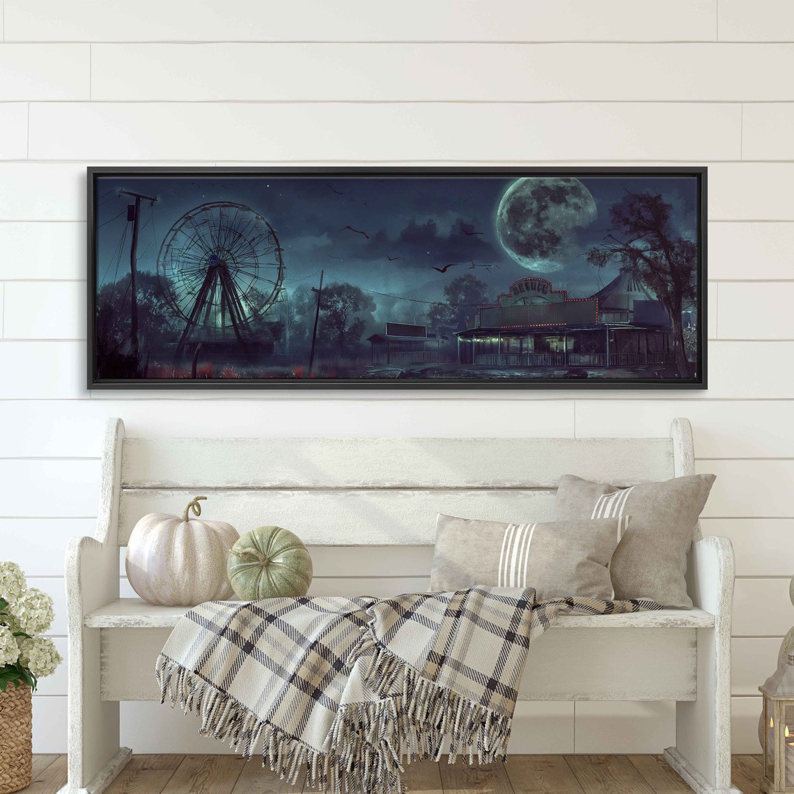 Abandoned Carnival Ferris Wheel Foggy Night Spooky Panoramic Poster - Image 3