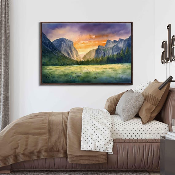 Yosemite National Park Sunset Wall Art Print Serene Watercolor Landscape