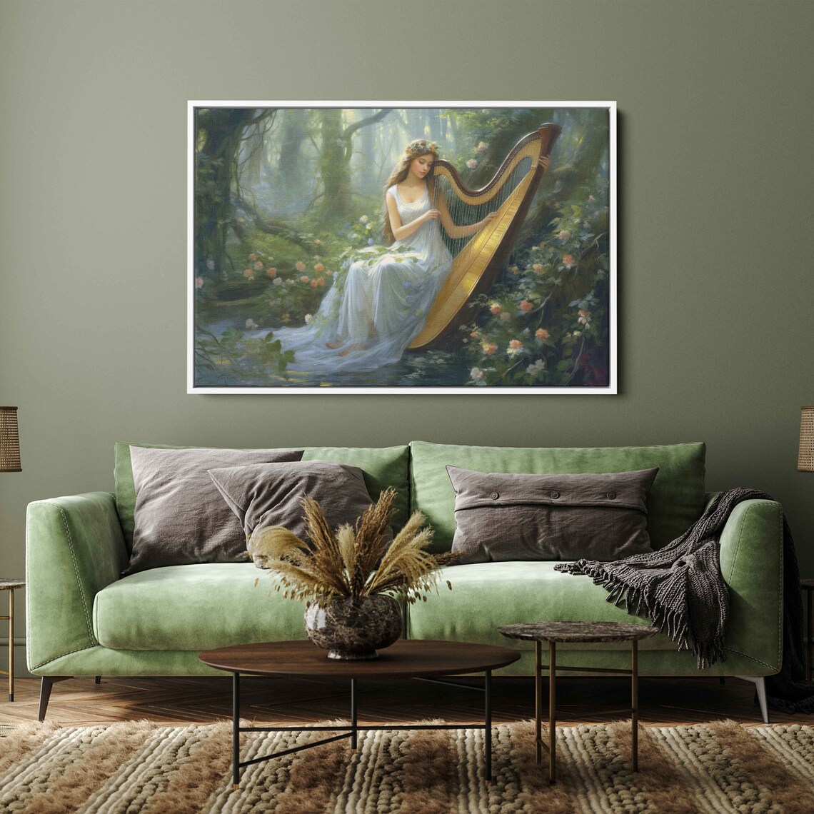 Enchanted Forest Harp Player Woman White Dress Floral Nature Print
