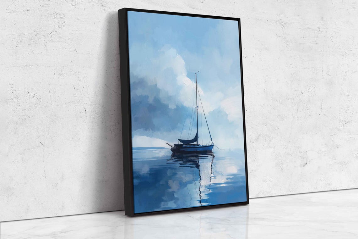 Tiny Sailboat On Glassy Water Moody Blue Minimalist Painting - Image 4