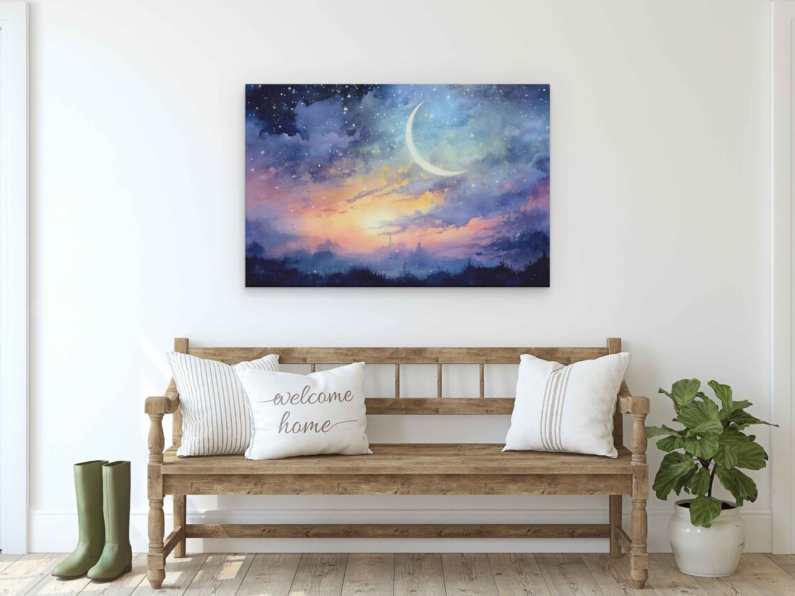 Celestial Watercolor Moonlit Landscape Art Print - Image 2