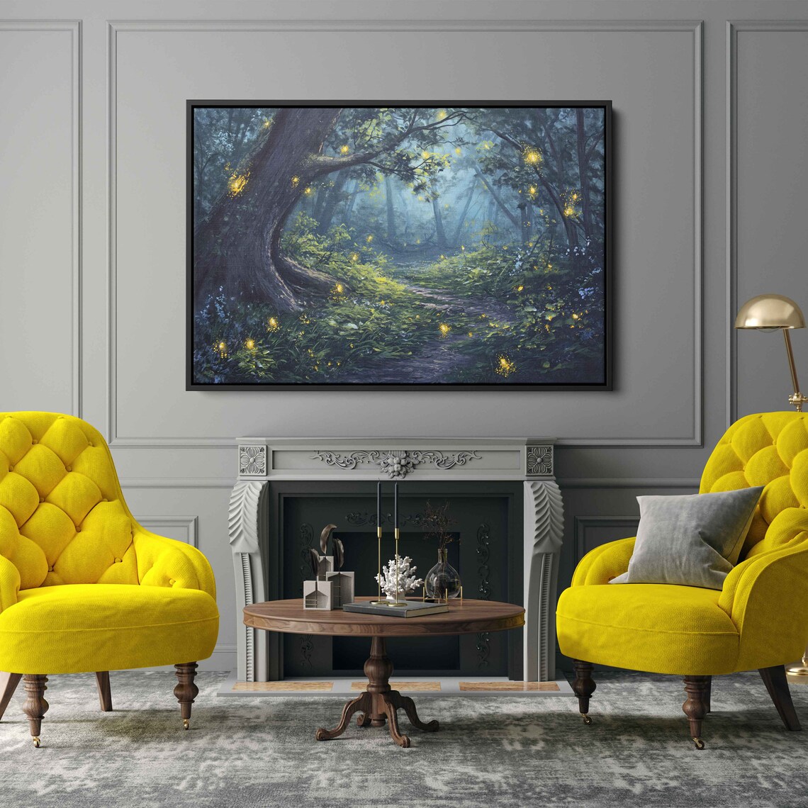 Enchanted Forest Path Wall Art Print Glowing Fireflies Nature Landscape Ready To Hang