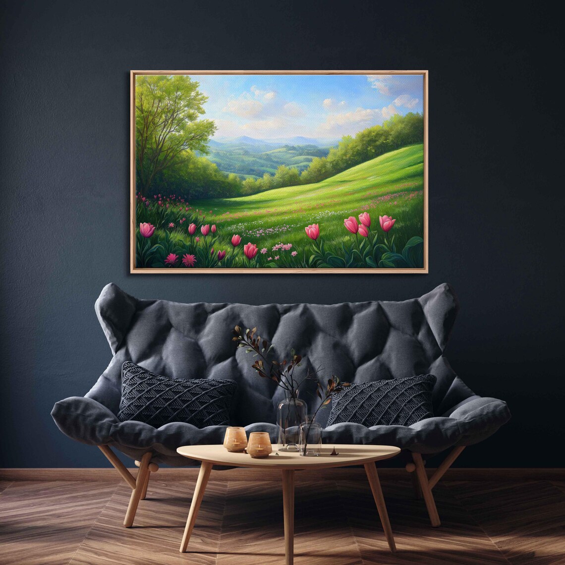 Spring Meadow With Pink Tulips And Wildflowers Landscape Wall Poster