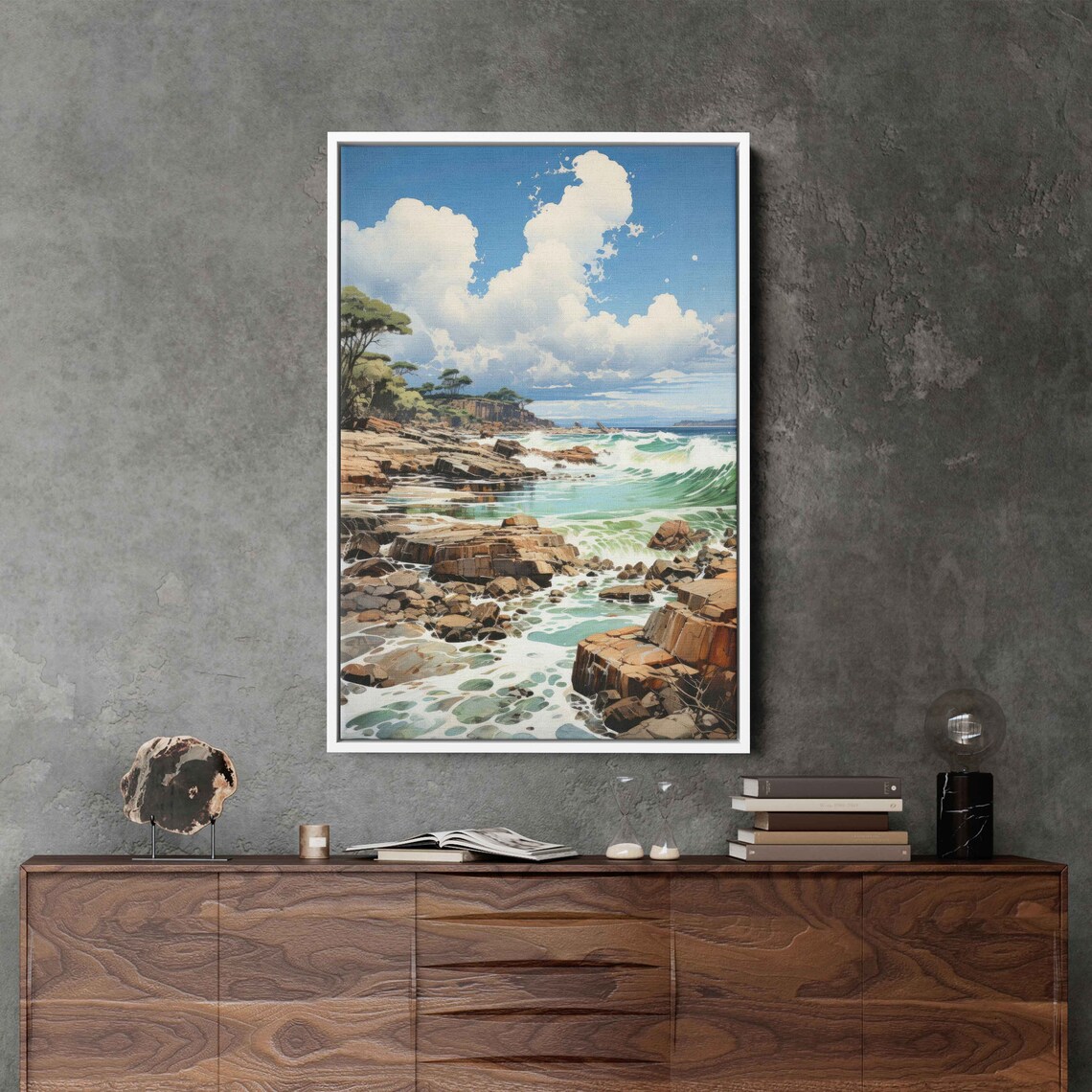 Rocky Ocean Cove Turquoise Waves Sunny Coastal Cliffs Watercolor Poster - Image 3