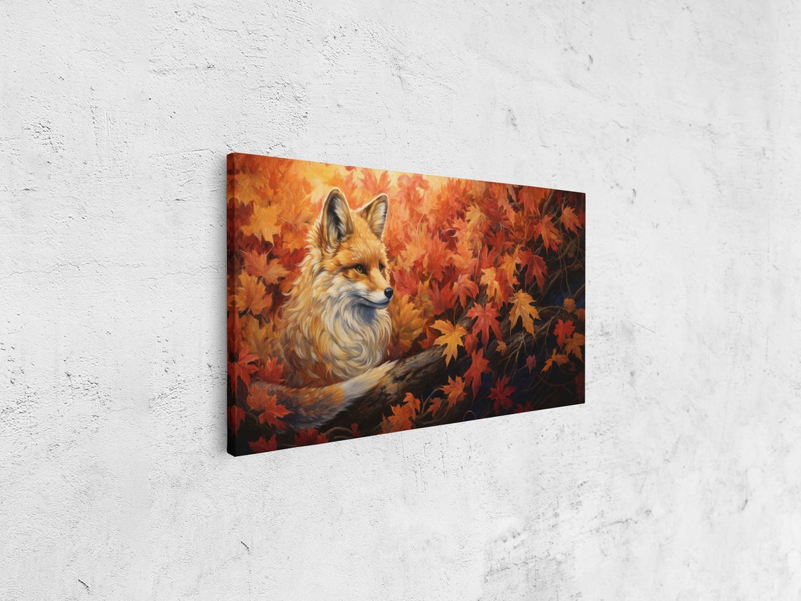 Fox Resting Autumn Maple Leaves Red Foliage Panoramic Wall Art - Image 4