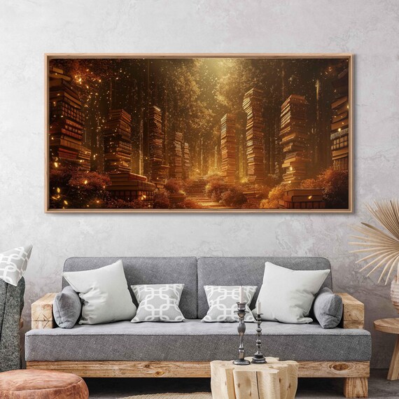 Mystical Fantasy Library Towers of Books Golden Light Enchanted Forest Poster