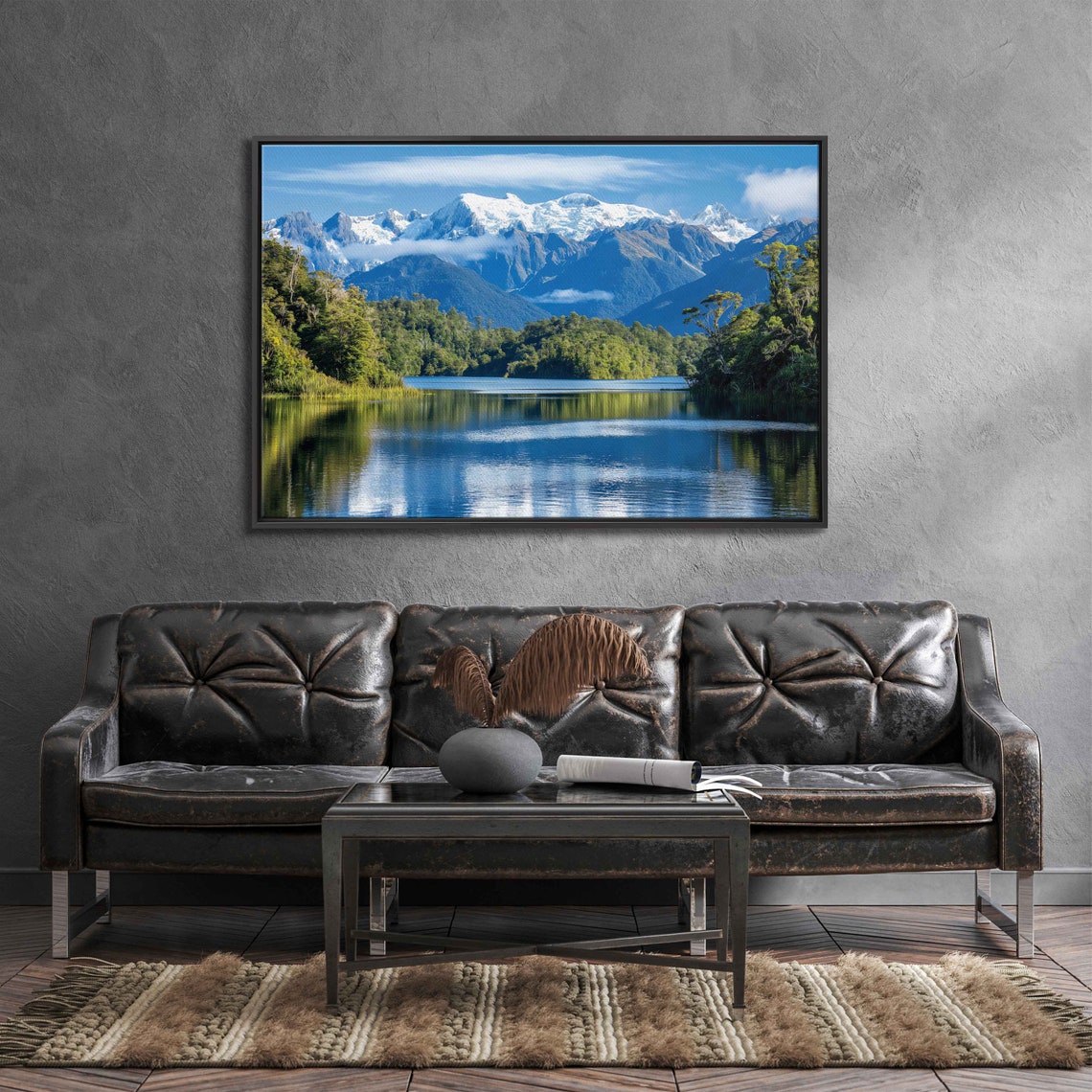 Snowy Mountain Range Mirror Lake Reflection Green Forest Photo Art - Image 3