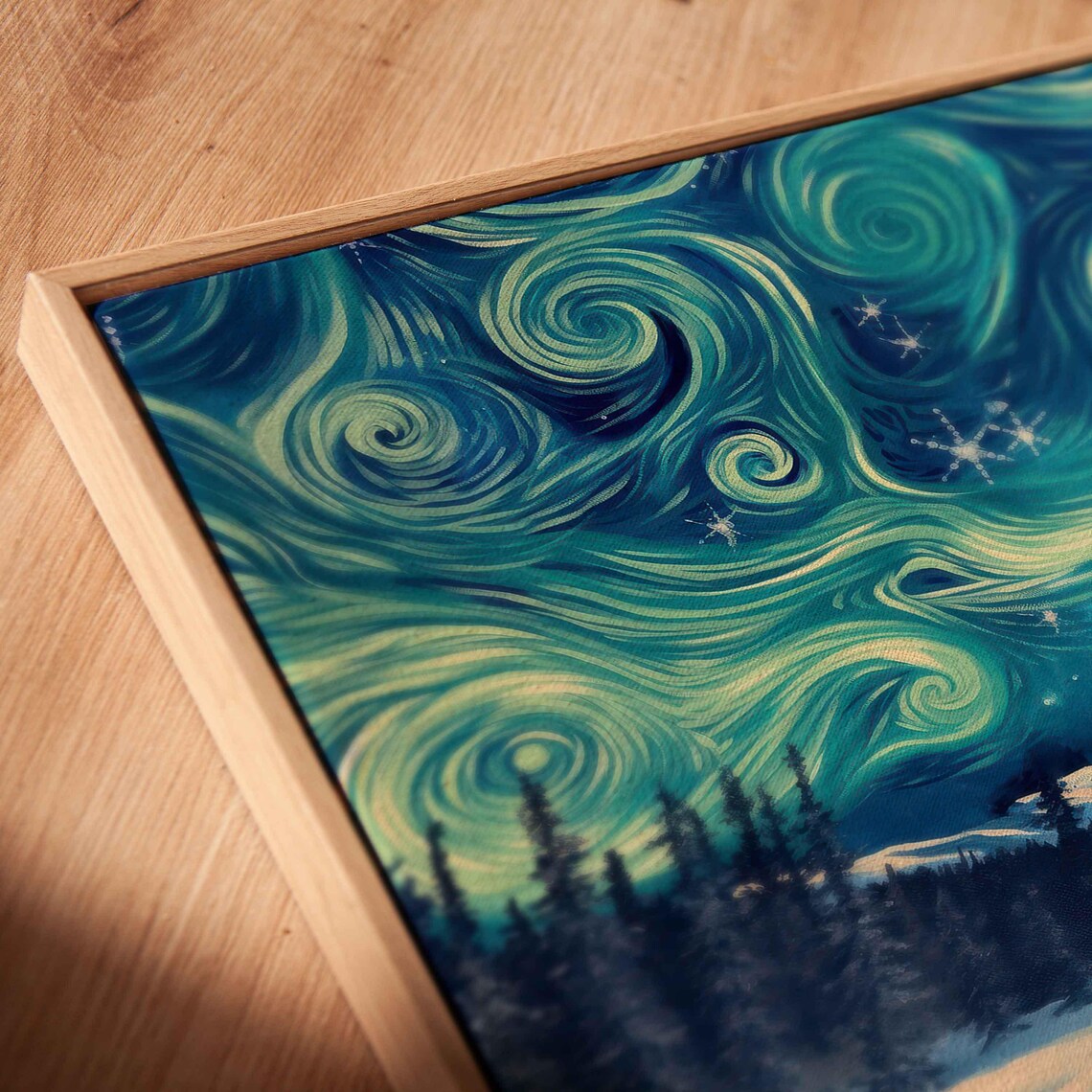 Teal Starry Night Swirls Over Snowy Forest And Mountain Peak Poster - Image 2