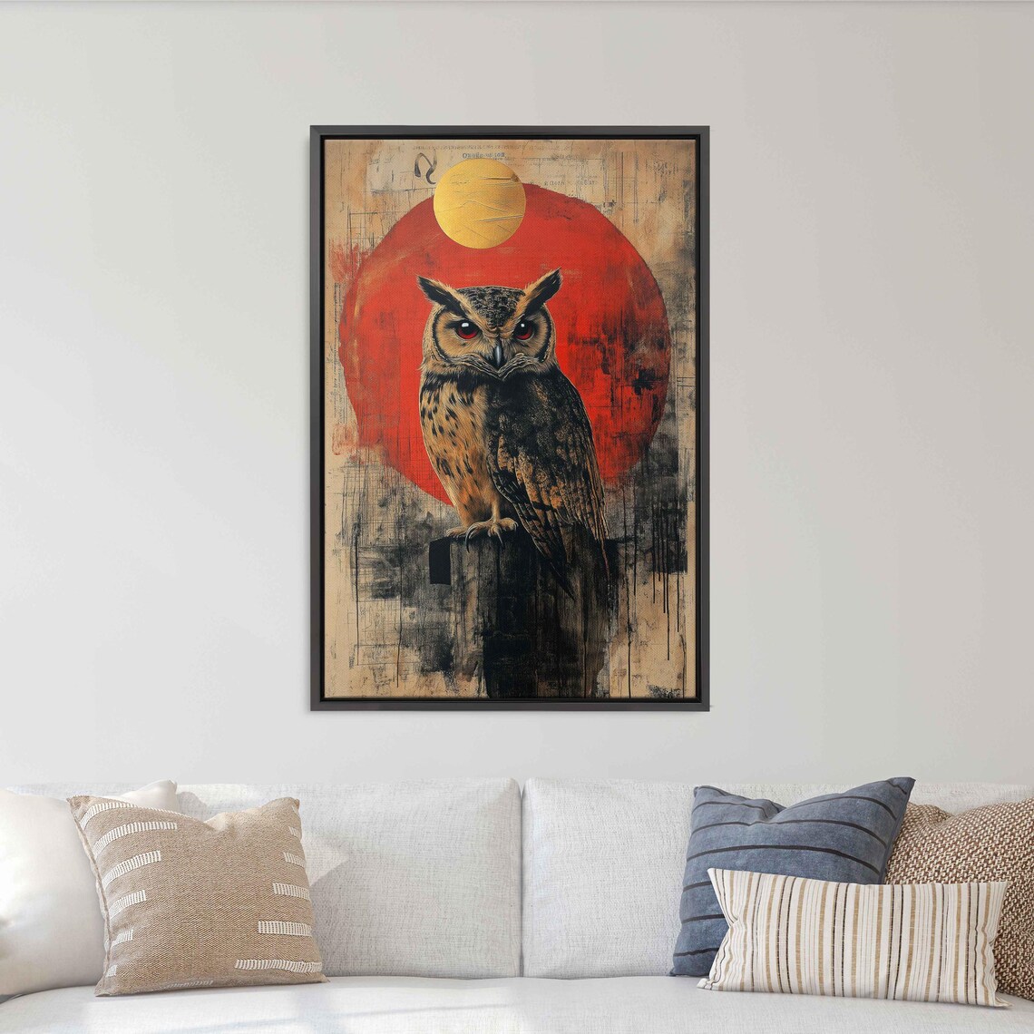 Great Horned Owl Before Red Sun Gold Moon Abstract Wildlife Art Poster