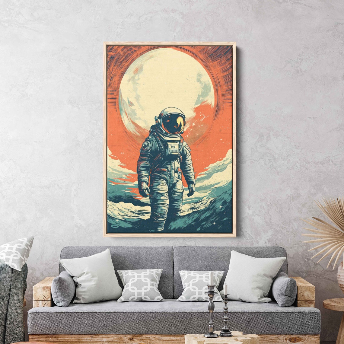 Retro Astronaut Moon Surface Giant Orange Sun Vintage Space Art Print - Image 2