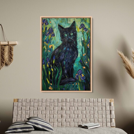 Black Cat Green Eyed Iris Garden Flowers Whimsical Portrait Art Poster