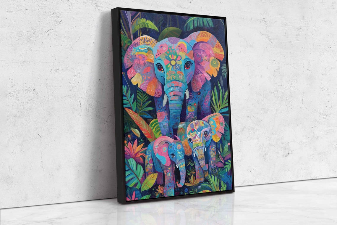 Mother Elephant Two Calves Colorful Patterned Jungle Night Art Print - Image 4