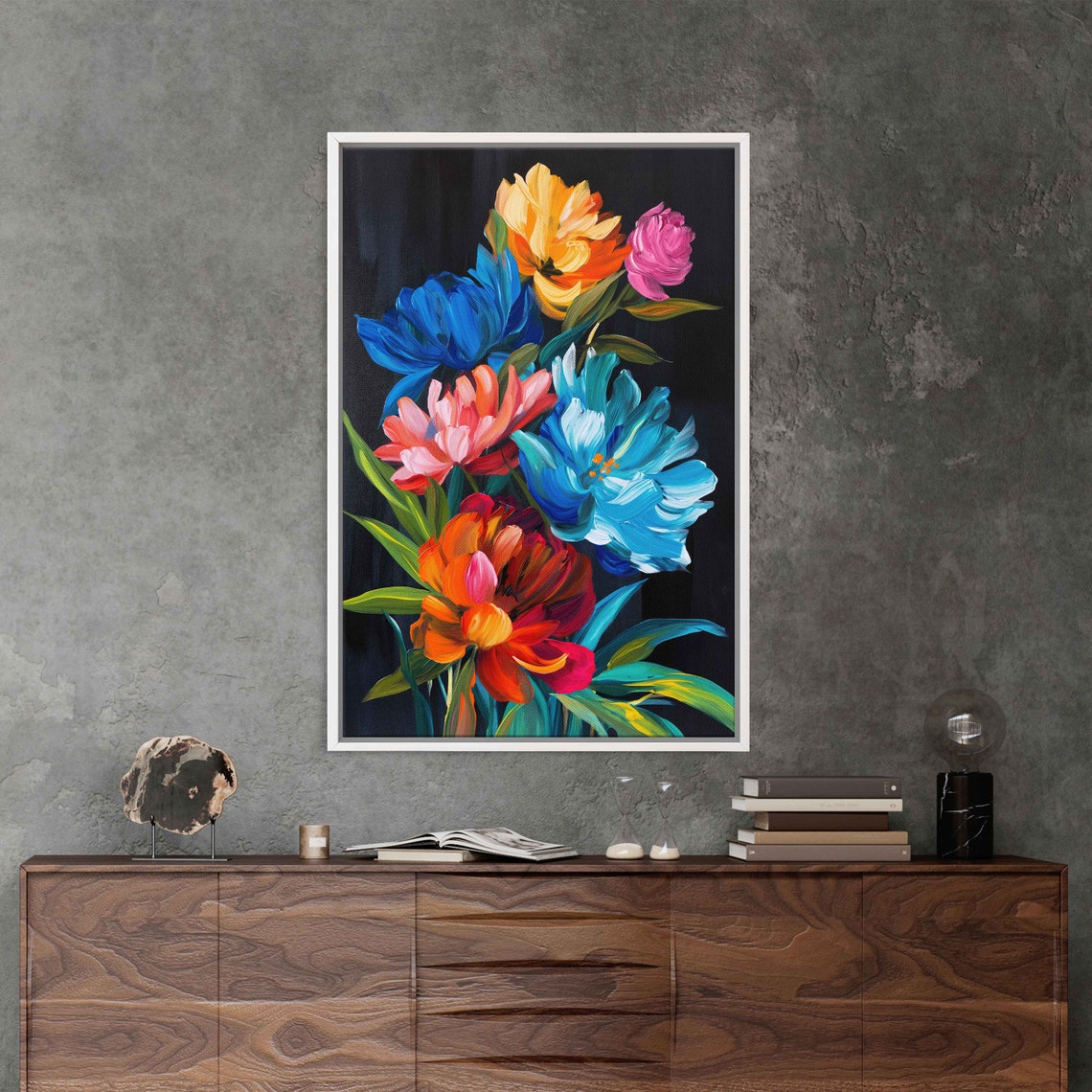 Bold Floral Bouquet Midnight Black Blue Orange Pink Blooms Poster