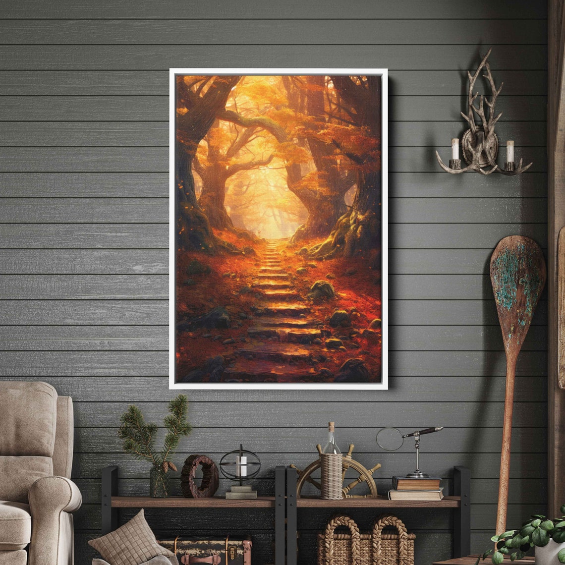 Golden Autumn Forest Path Stone Steps Fall Foliage Travel Poster - Image 3