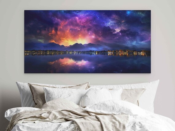 Colorful Neon Sky Above A Rural Coast Detailed Reflections Mountain Range Background Framed Print Ready To Hang