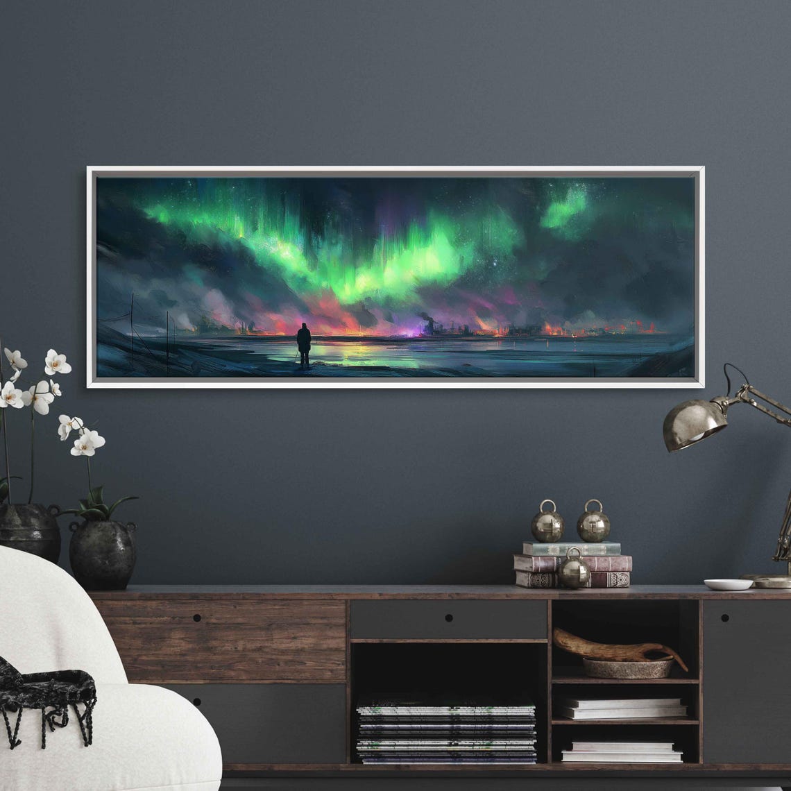 Aurora Borealis Over City Lights Green Night Sky Travel Poster - Image 3