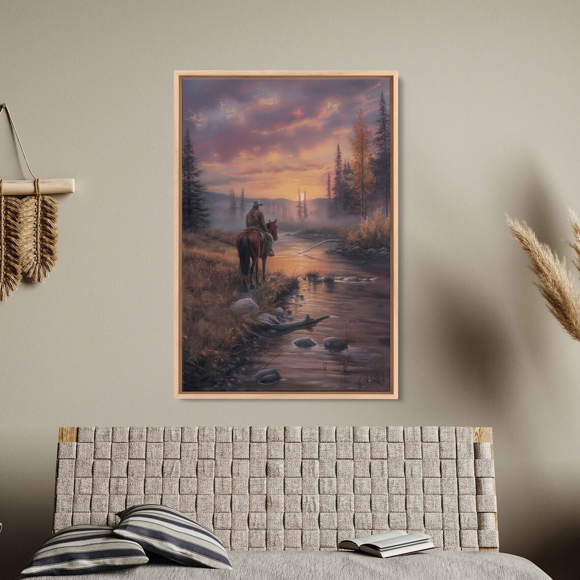 Cowboy On Horse Misty River Peaceful Sunset Forest Western Art Print