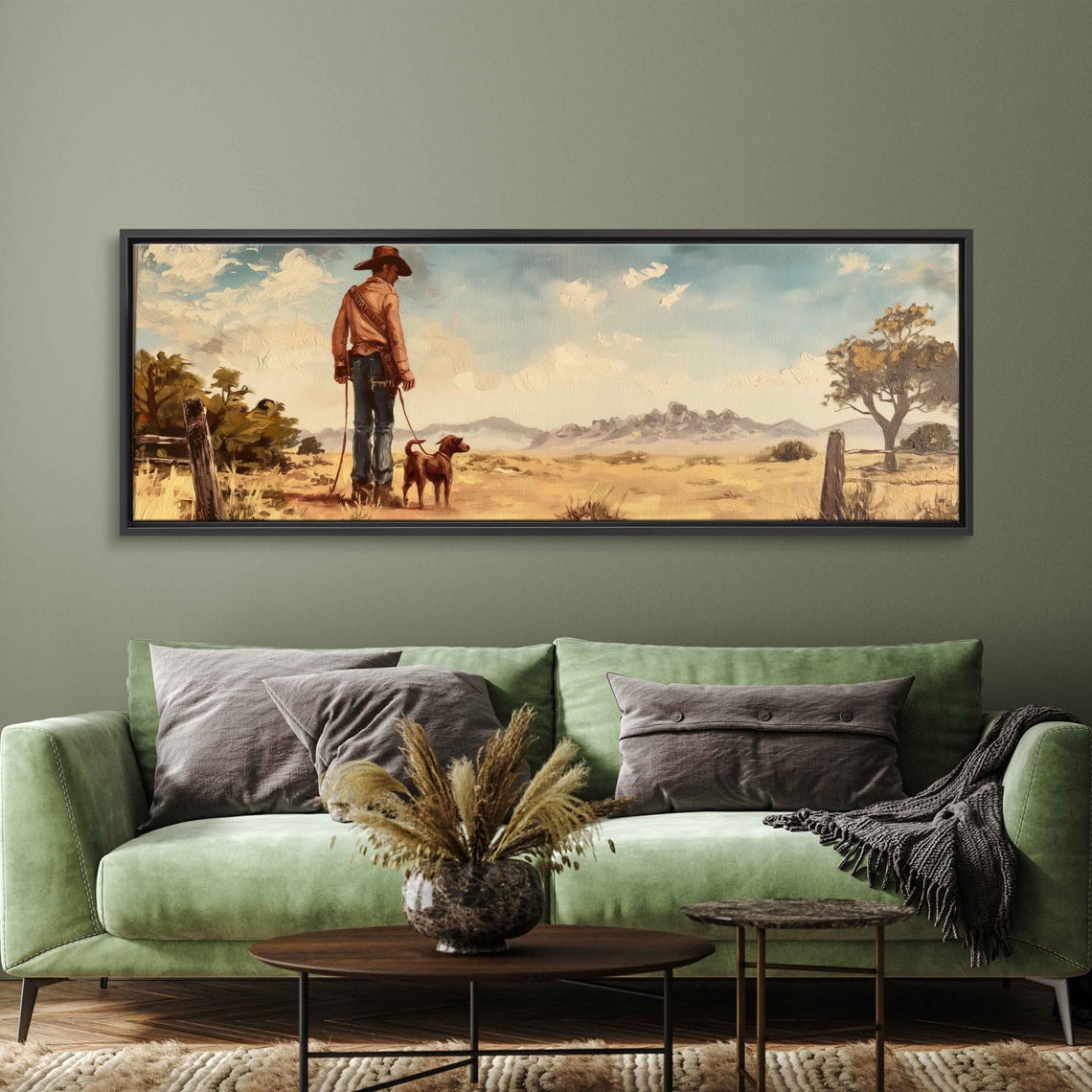 Cowboy Walking Dog Golden Desert Mountains Panoramic Wall Poster - Image 3