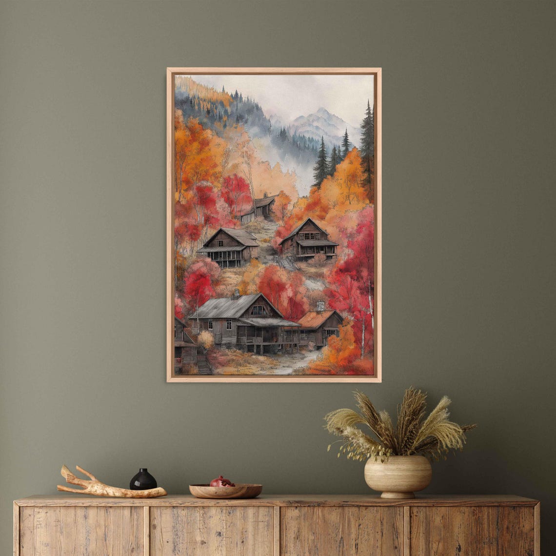 Watercolor Mountain Village Cabins Autumn Foliage Forest Poster