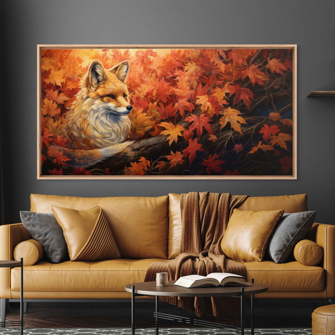 Fox Resting Autumn Maple Leaves Red Foliage Panoramic Wall Art - Image 2
