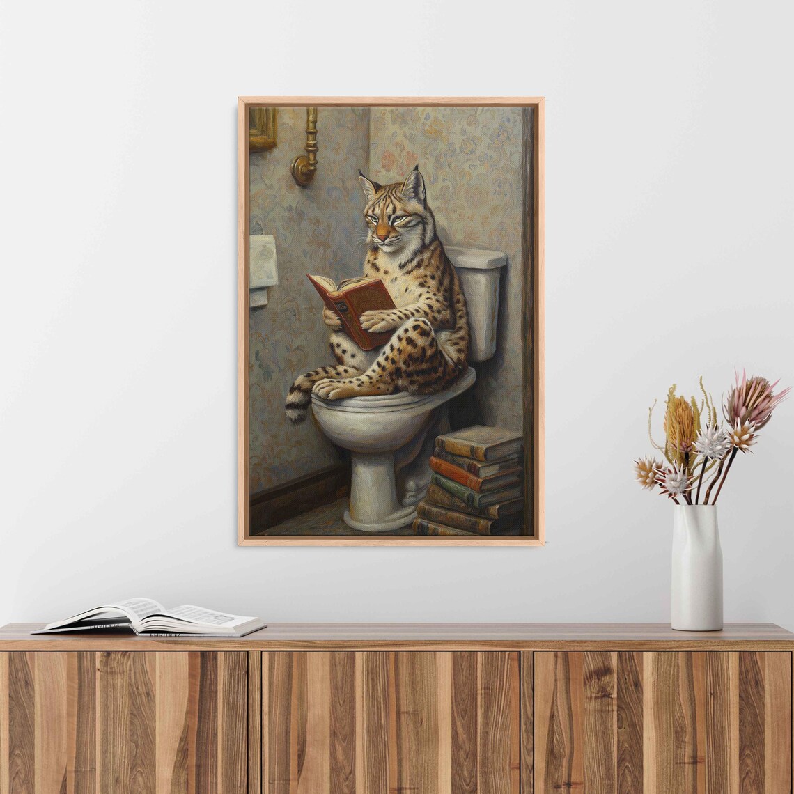 Lynx Reading On A Toilet, Whimsical Bathroom Decor