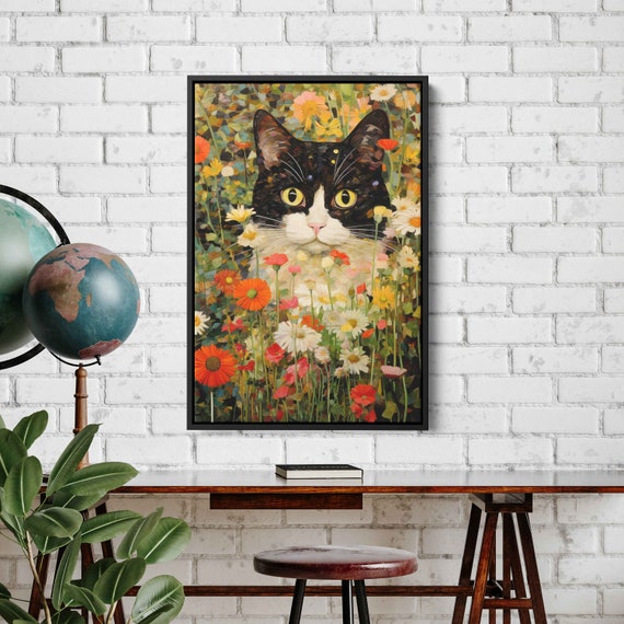 Black And White Garden Cat In Flowers Art Print