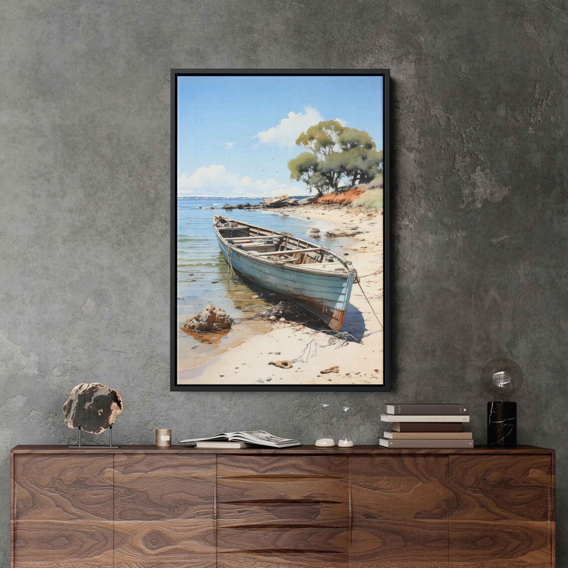 Old Wooden Boat On Sandy Beach Watercolor Coastal Painting Wall Art - Image 3