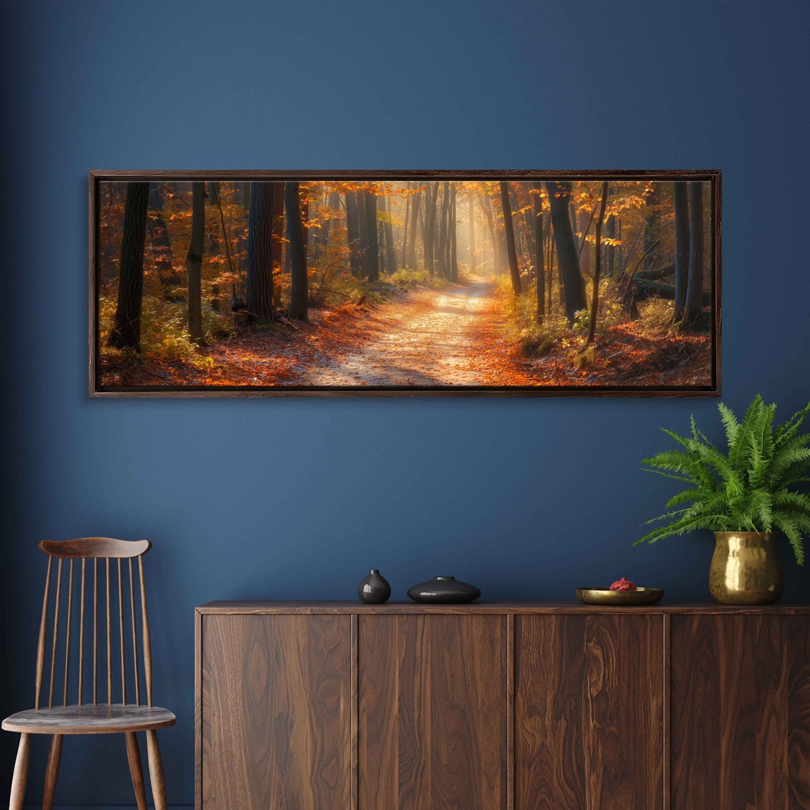 Sunlit Autumn Forest Path Tall Trees Red Leaves Photo Poster - Image 3