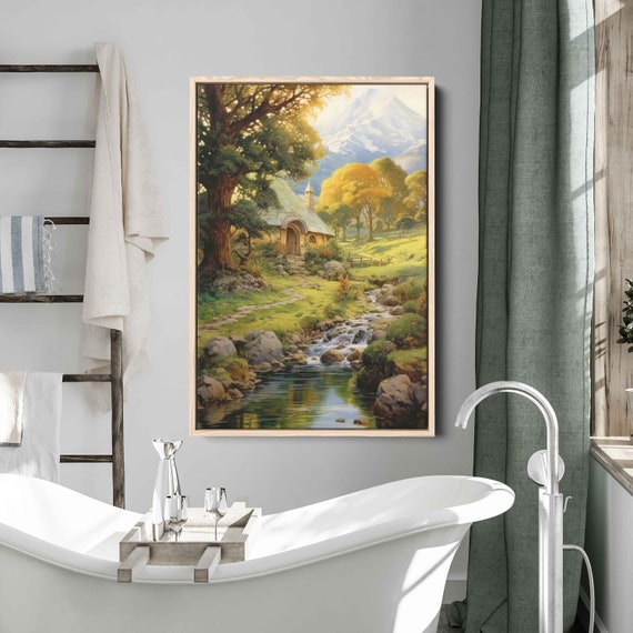 Humble Countryside Home On The River Painting Framed Print Ready To Hang Rustic Wall Art