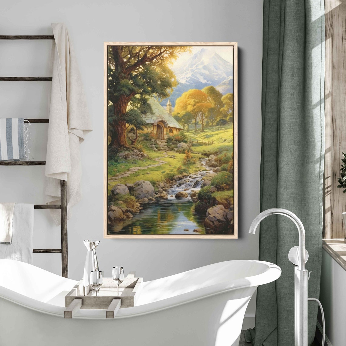Humble Countryside Home On The River Painting Framed Print Ready To Hang Rustic Wall Art