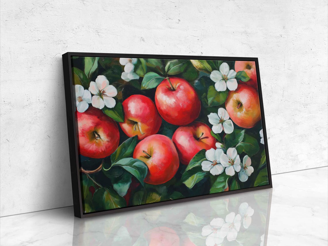 Glossy Red Apples White Blossoms Dark Leaves Orchard Art Print Poster - Image 4