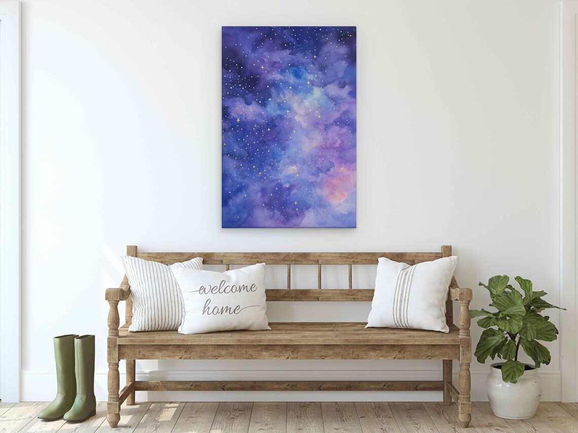 Purple Blue Galaxy Starry Night Sky Watercolor Cosmos Art Poster - Image 2