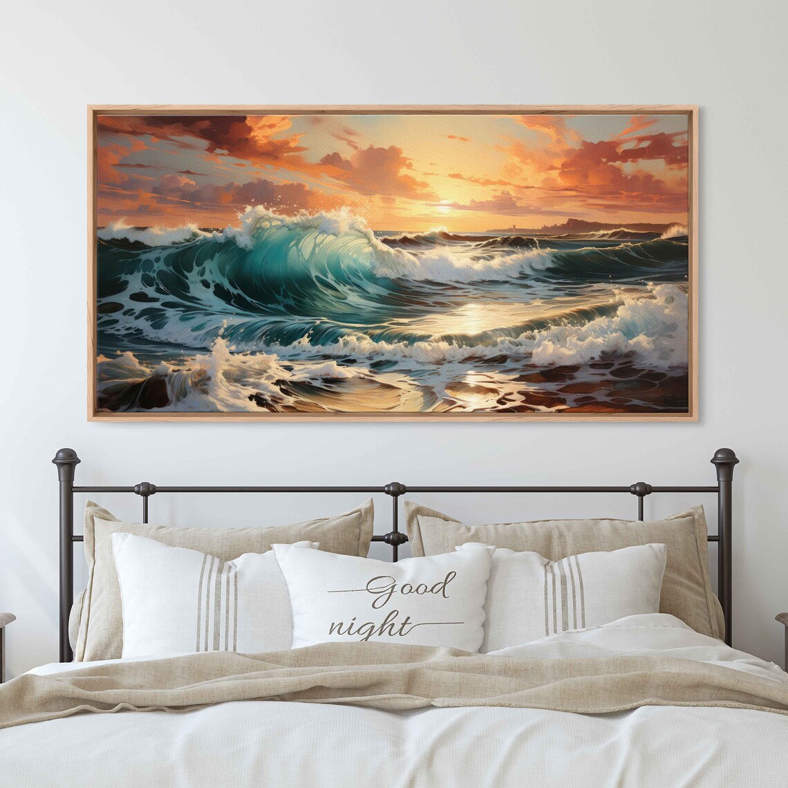 Crashing Ocean Waves Sunset Panoramic Teal Surf Seascape Painting Poster - Image 3