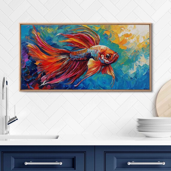 Vibrant Betta Fish Wall Art Print Expressive Acrylic Painting Colorful Fins And Movement