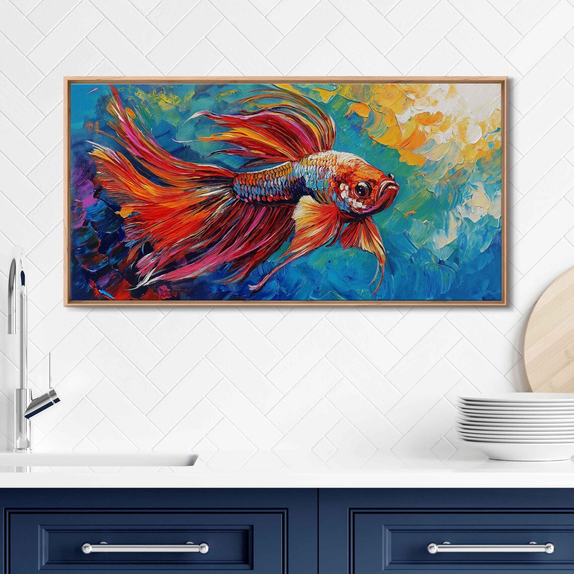 Vibrant Betta Fish Wall Art Print Expressive Acrylic Painting Colorful Fins And Movement