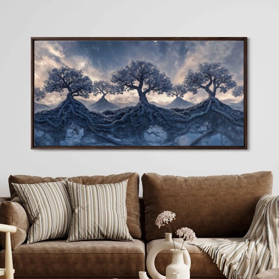 Floating Bonsai Trees Wall Art Print Surreal Indigo Sunset Ethereal Roots Mystical Atmosphere