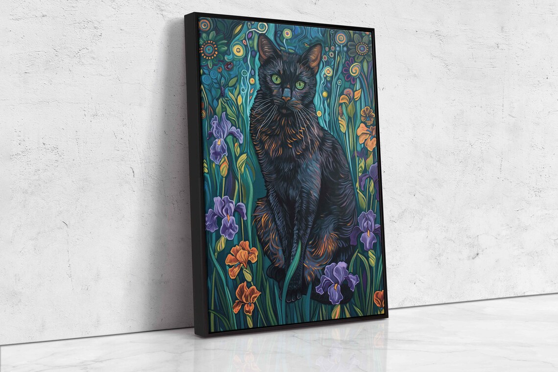 Regal Black Cat Iris Blooms Teal Garden Detailed Feline Portrait Poster - Image 4