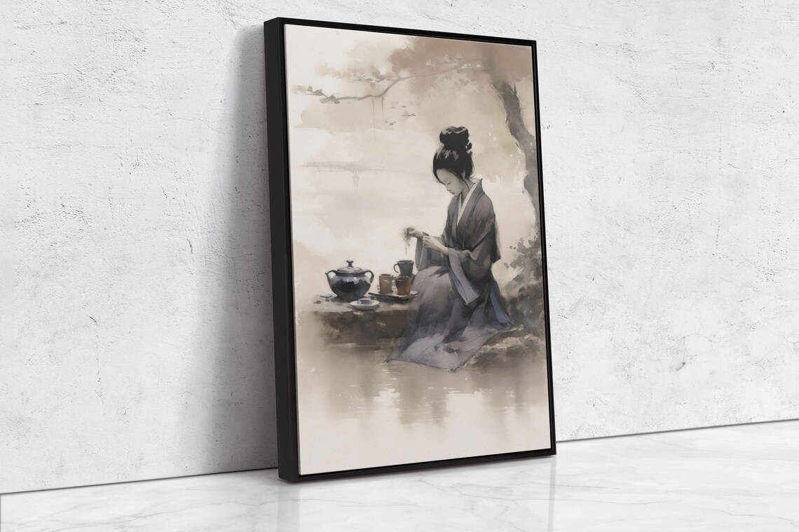 Japanese Woman Kimono Tea Ceremony Ink Watercolor Art Poster - Image 4