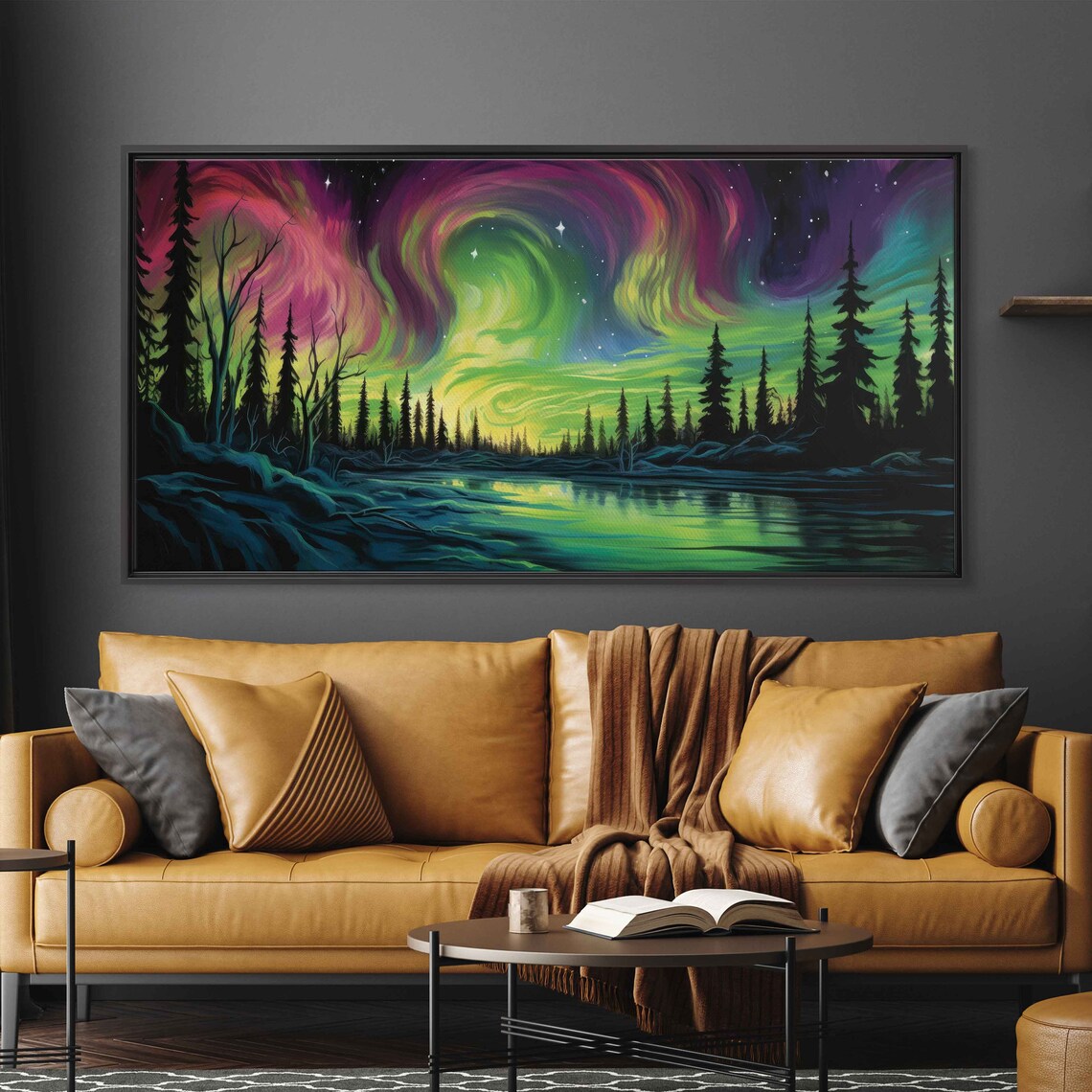 Starry Aurora Night Sky Pine Lake Reflection Northern Lights Travel Poster - Image 3