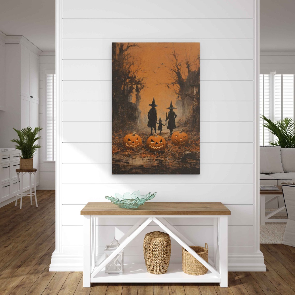 Witch Family Silhouettes With Pumpkins In Autumn Woods At Dusk Poster - Image 4