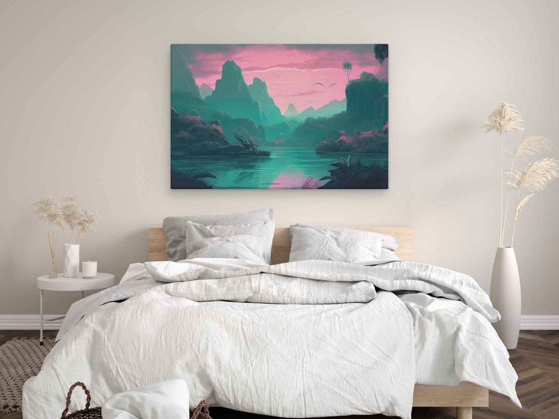 Pastel Color Tropical Landscape Vaporwave Aesthetic Illustration On Ready To Hang - Image 3