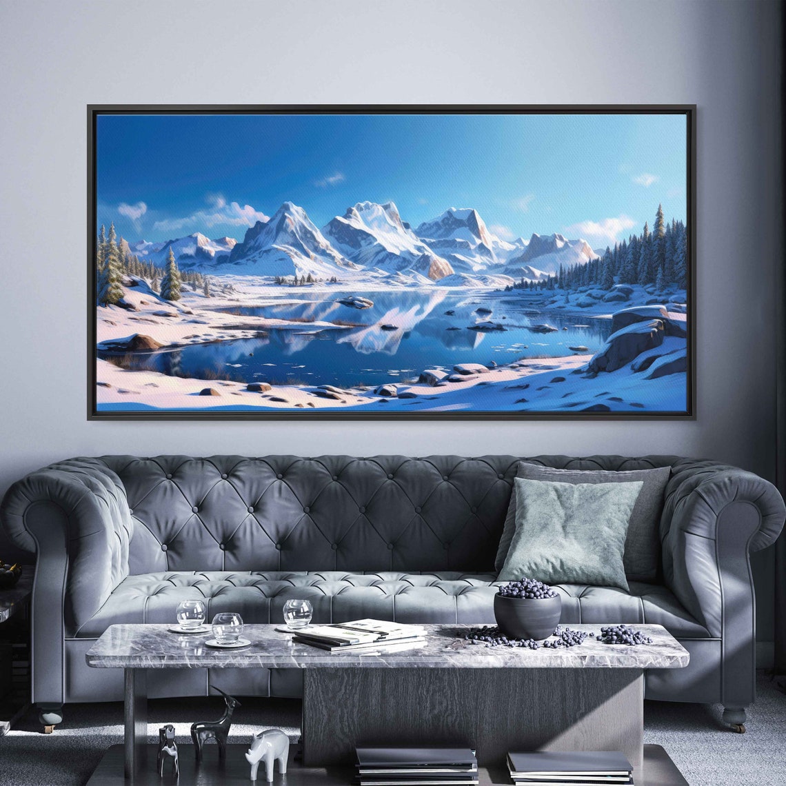Snow Capped Peaks Alpine Lake Mirror Blue Sky Winter Travel Poster